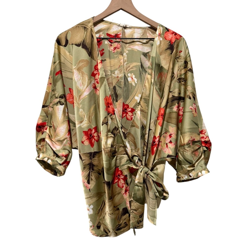 Easel Kimono Wrap Women M Floral Boho Green Pink Robe Tropical Resort Cardigan